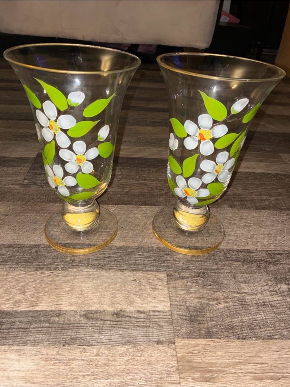 Hand-Painted Glass Vases with White Floral Design